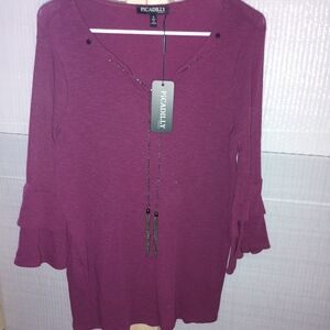 Picadilly Fashion Plum V-Neck Tie Ruffle Sleeve Tunic
